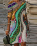 casual printed tunic v-neckline half sleeve shift dress