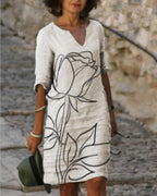 casual printed tunic v-neckline half sleeve shift dress