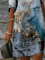 Fashion Textured Printed V-neck Short Sleeve Casual Shift Dress