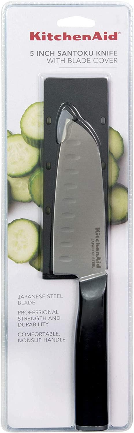 KitchenAid Classic Santoku Knife with Custom-Fit Blade Cover, 5-inch, Sharp Kitchen Knife, High-Carbon Japanese Stainless Steel Blade, Black