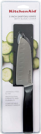 KitchenAid Classic Santoku Knife with Custom-Fit Blade Cover, 5-inch, Sharp Kitchen Knife, High-Carbon Japanese Stainless Steel Blade, Black