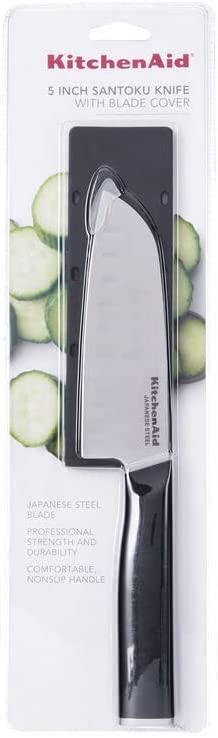 KitchenAid Classic Santoku Knife with Custom-Fit Blade Cover, 5-inch, Sharp Kitchen Knife, High-Carbon Japanese Stainless Steel Blade, Black