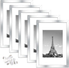 upsimples 8x12 Picture Frame Set of 5, Display Pictures 6x8 with Mat or 8x12 Without Mat, Wall Gallery Photo Frames, Silver