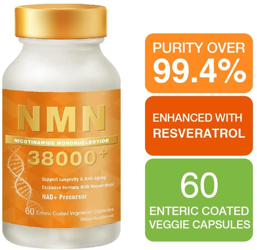 Lovita NMN 38000+, NMN Supplement with Resveratrol, Nicotinamide Mononucleotide 635 mg per Capsule, High Absorption & Stabilized Form, 99% Purity, for Healthy Aging, 60 Vegetarian Capsules