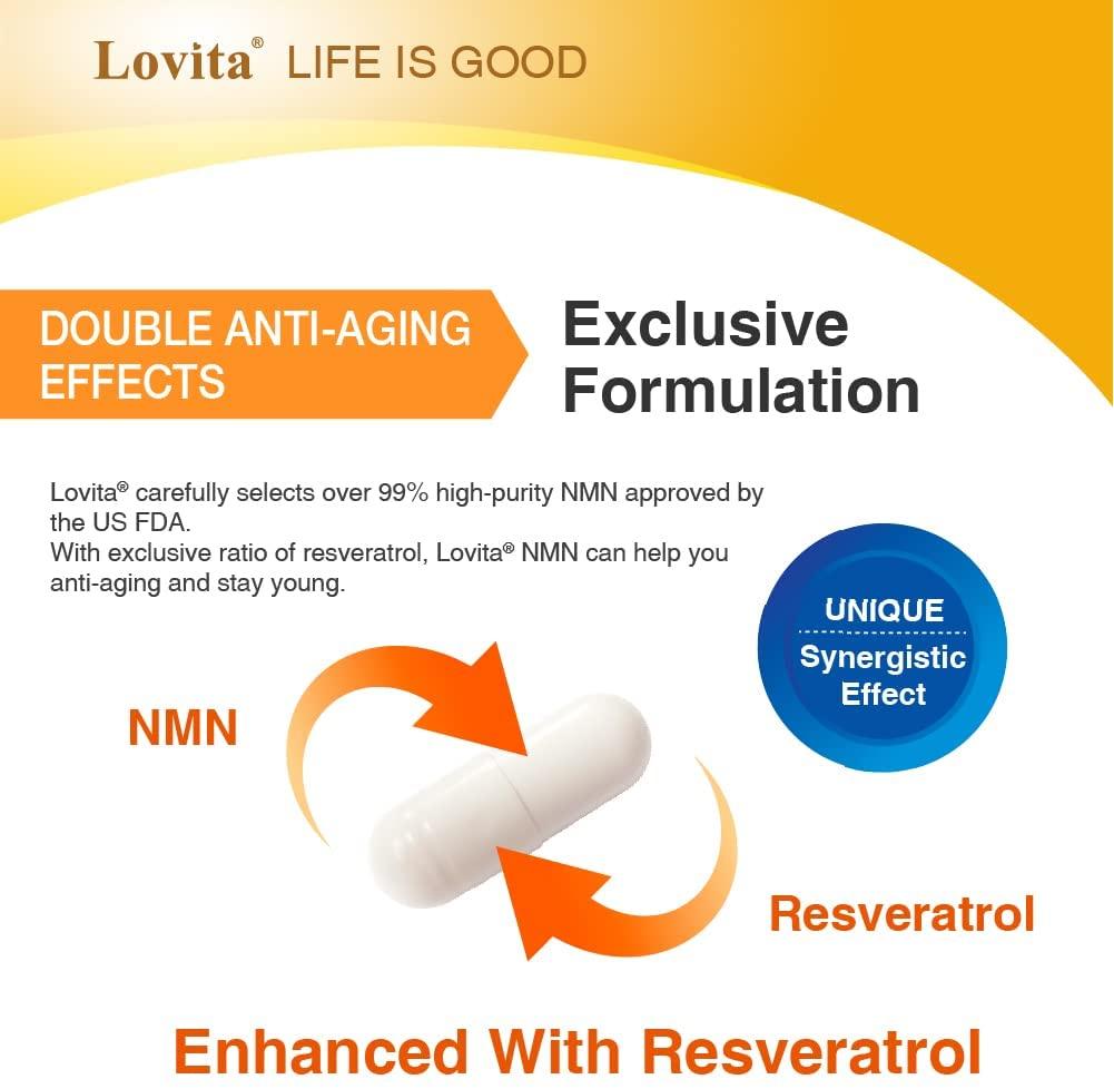 Lovita NMN 38000+, NMN Supplement with Resveratrol, Nicotinamide Mononucleotide 635 mg per Capsule, High Absorption & Stabilized Form, 99% Purity, for Healthy Aging, 60 Vegetarian Capsules