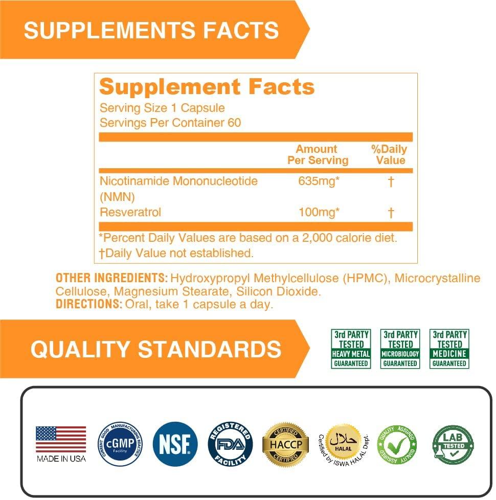 Lovita NMN 38000+, NMN Supplement with Resveratrol, Nicotinamide Mononucleotide 635 mg per Capsule, High Absorption & Stabilized Form, 99% Purity, for Healthy Aging, 60 Vegetarian Capsules