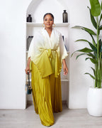 IVORY X OLIVE RUFFLE DETAIL BATWING TOP X PLEATED SKIRT MIYAKI SUIT SET