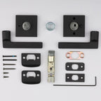 Reserve Square Satin Black Bed/Bath Door Lever with Contemporary Square Rose