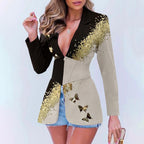 Elegant Sprinkled Gold Sequined Gold Butterfly Print Waist Suit