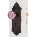 Victorian Plate Interior Mortise Crystal Pink Glass Door Knob in Timeless Bronze