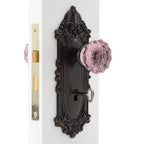 Victorian Plate Interior Mortise Crystal Pink Glass Door Knob in Timeless Bronze