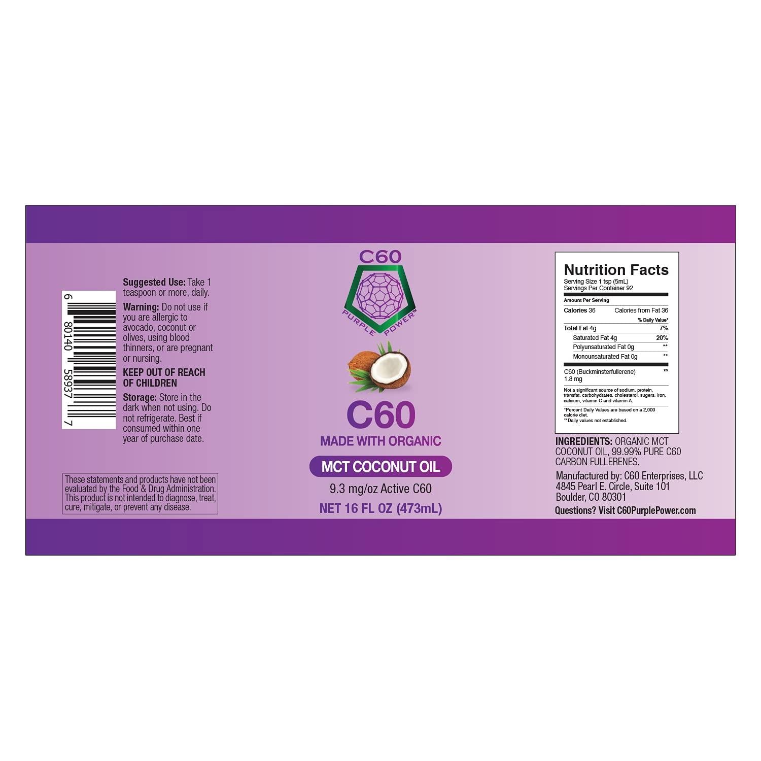 C60 Purple Power Organic MCT Coconut Oil, 16 Fl Oz Organic Cold-Pressed Coconut Oil, 99.99% Pure c60 Carbon Fullerenes, Lift the Oxidative Burden at the Cellular Level, Optimize Mitochondrial Function