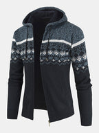 mens ethnic style knitted woolen zipper drawstring hooded sweater cardigan