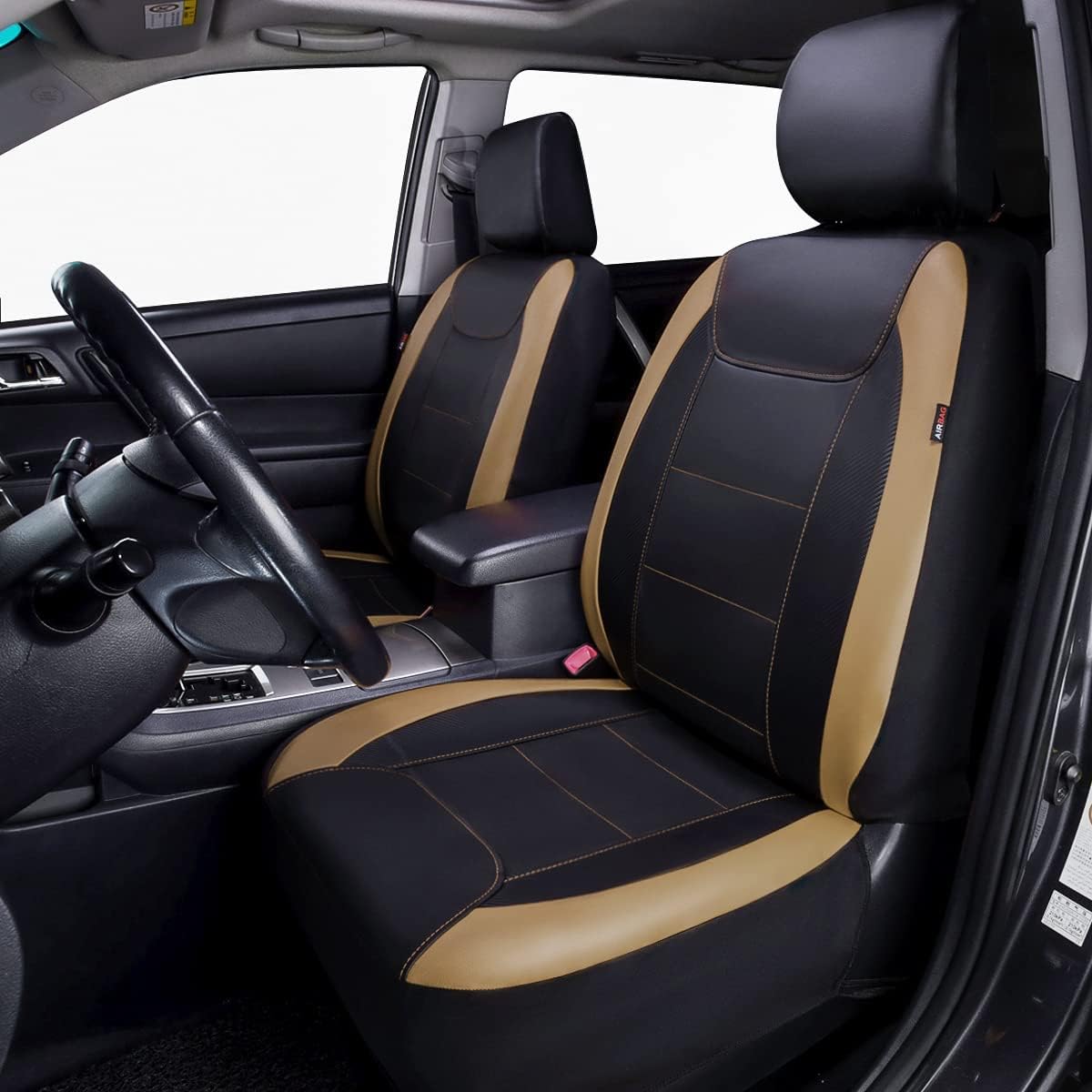 Flying Banner car seat Covers Protects Water Proof Faux Leather Carbon Fiber Front and Rear Bench (Black Beige, Full Set - 8PCS)