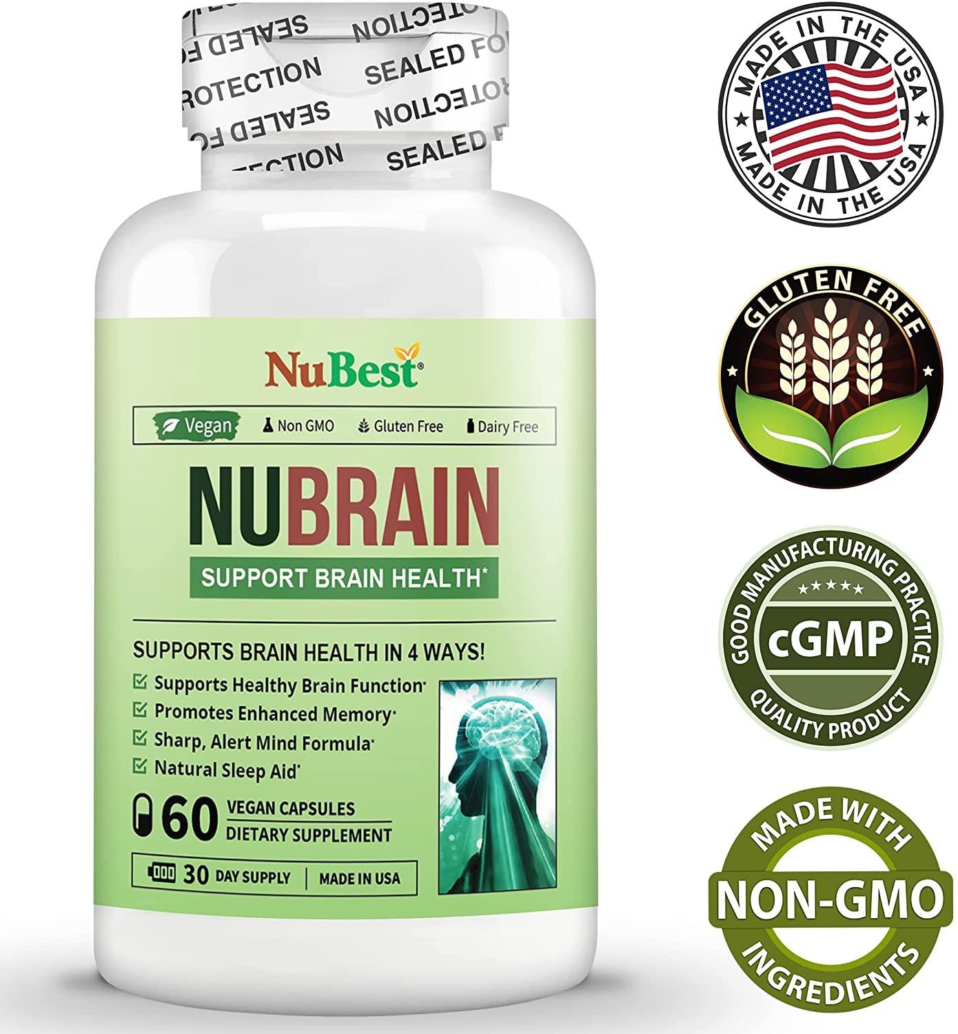NuBrain - Support Brain Health & Brain Functions - Enhance Cerebral Circulation - Improve Focus, Memory, Sleep & Cognition - 60 Veggie Capsules (Pack of 12)