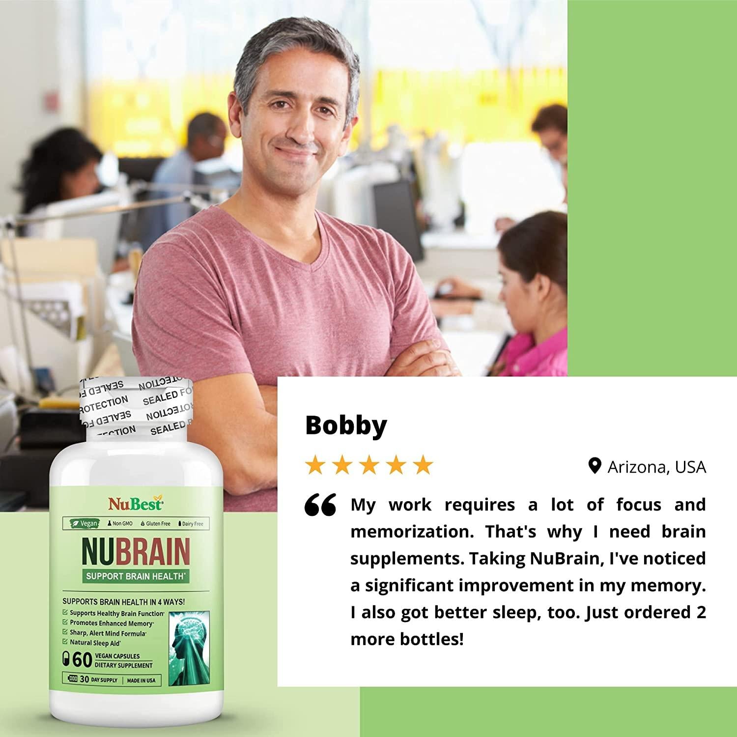 NuBrain - Support Brain Health & Brain Functions - Enhance Cerebral Circulation - Improve Focus, Memory, Sleep & Cognition - 60 Veggie Capsules (Pack of 12)