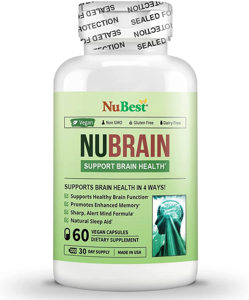 NuBrain - Support Brain Health & Brain Functions - Enhance Cerebral Circulation - Improve Focus, Memory, Sleep & Cognition - 60 Veggie Capsules (Pack of 12)