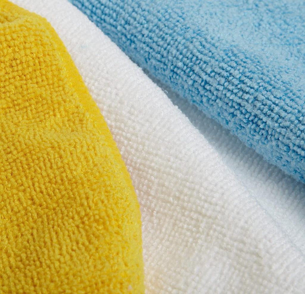 Amazon Basics Microfiber Cleaning Cloth, Non-Abrasive, Reusable and Washable, Pack of 36, Blue/White/Yellow, 16" x 12"