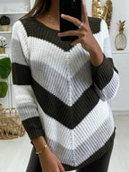 V-neck Contrast Stripe Print Loose Casual Sweater Pullover