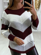 V-neck Contrast Stripe Print Loose Casual Sweater Pullover