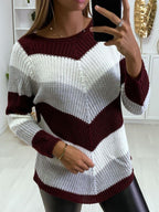 V-neck Contrast Stripe Print Loose Casual Sweater Pullover
