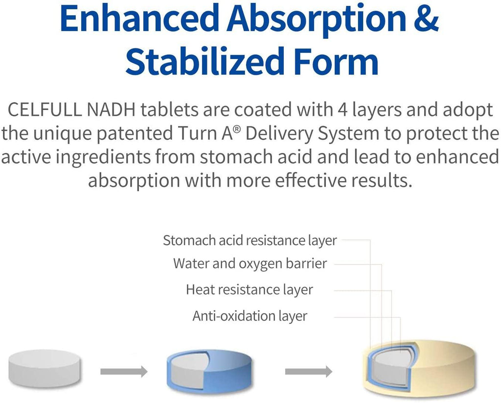 CELFULL Fully Stabilized NADH 40mg Per Serving Enhanced Absorption, Boost Energy NAD+ Levels (60 Tablets X 20mg) Anti-Aging Reduced Nicotinamide Adenine Dinucleotide Supplement
