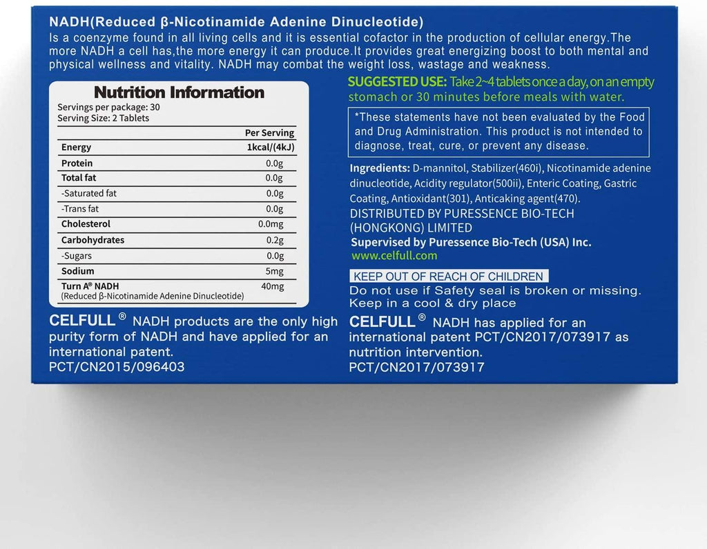 CELFULL Fully Stabilized NADH 40mg Per Serving Enhanced Absorption, Boost Energy NAD+ Levels (60 Tablets X 20mg) Anti-Aging Reduced Nicotinamide Adenine Dinucleotide Supplement