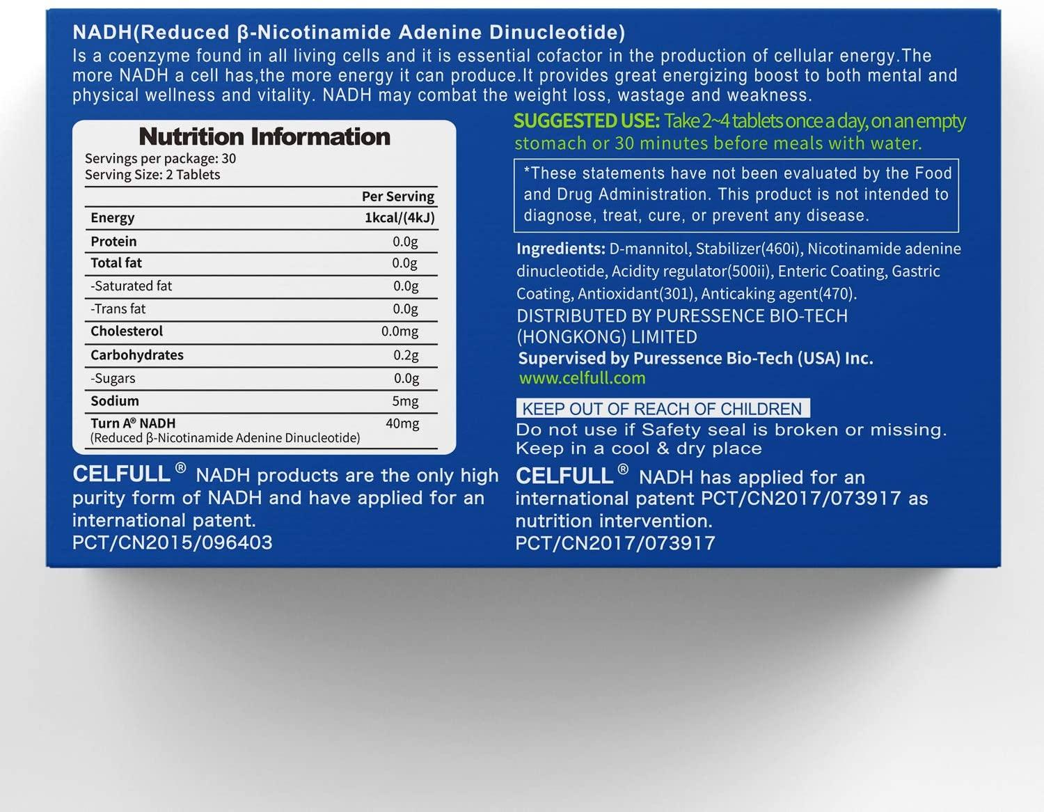 CELFULL Fully Stabilized NADH 40mg Per Serving Enhanced Absorption, Boost Energy NAD+ Levels (60 Tablets X 20mg) Anti-Aging Reduced Nicotinamide Adenine Dinucleotide Supplement
