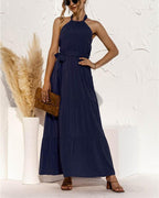 lace-up halter stitching maxi dress
