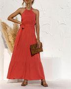 lace-up halter stitching maxi dress