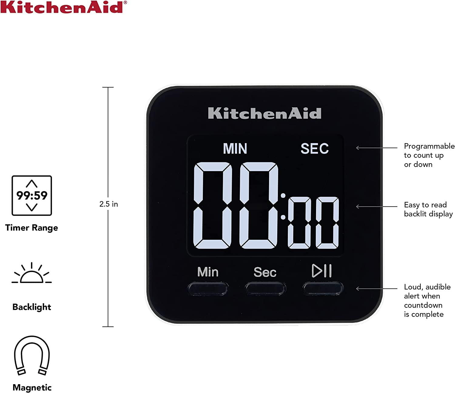 KitchenAid KQ900 Single Event Digital Timer, 2.5 inches, Black