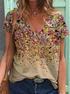 Ladies V-neck Printed Cotton Short-sleeved T-shirt