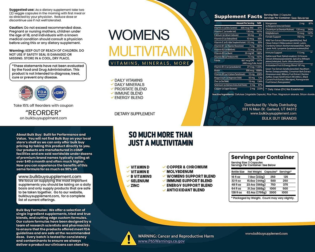 Bulk Buy Multivitamin & Women's Health Blend - 2000CT Tub - Providing Daily Serving of Vitamins, Minerals, Womens Health, Antioxidants & Energy in a Clear Square Grip Jar