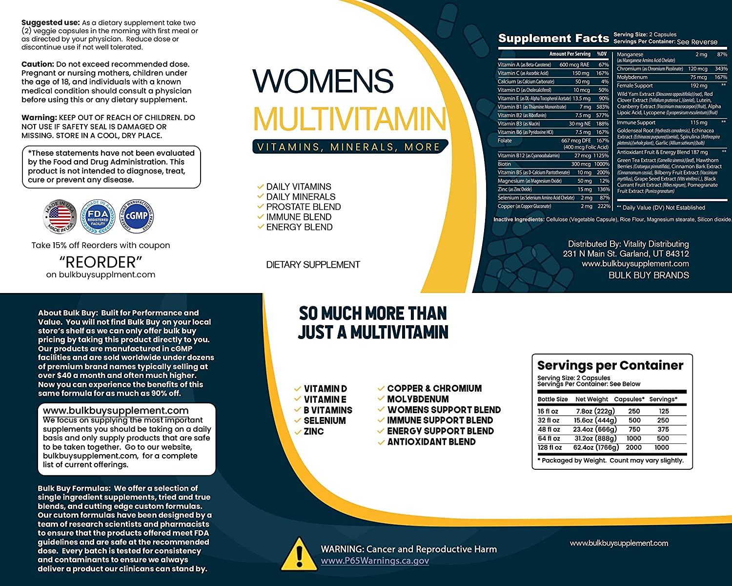 Bulk Buy Multivitamin & Women's Health Blend - 2000CT Tub - Providing Daily Serving of Vitamins, Minerals, Womens Health, Antioxidants & Energy in a Clear Square Grip Jar