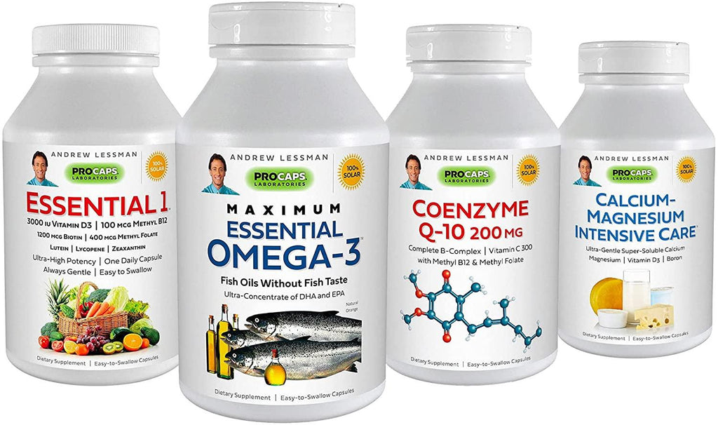 Andrew Lessman 4 Product Nutrition Support Bundle – 180 Count Each of Essential One, Maximum Essential Omega-3 (Orange), Coenzyme Q-10 and Ultimate Anti-Oxidant Extracts. Supports Optimum Health.
