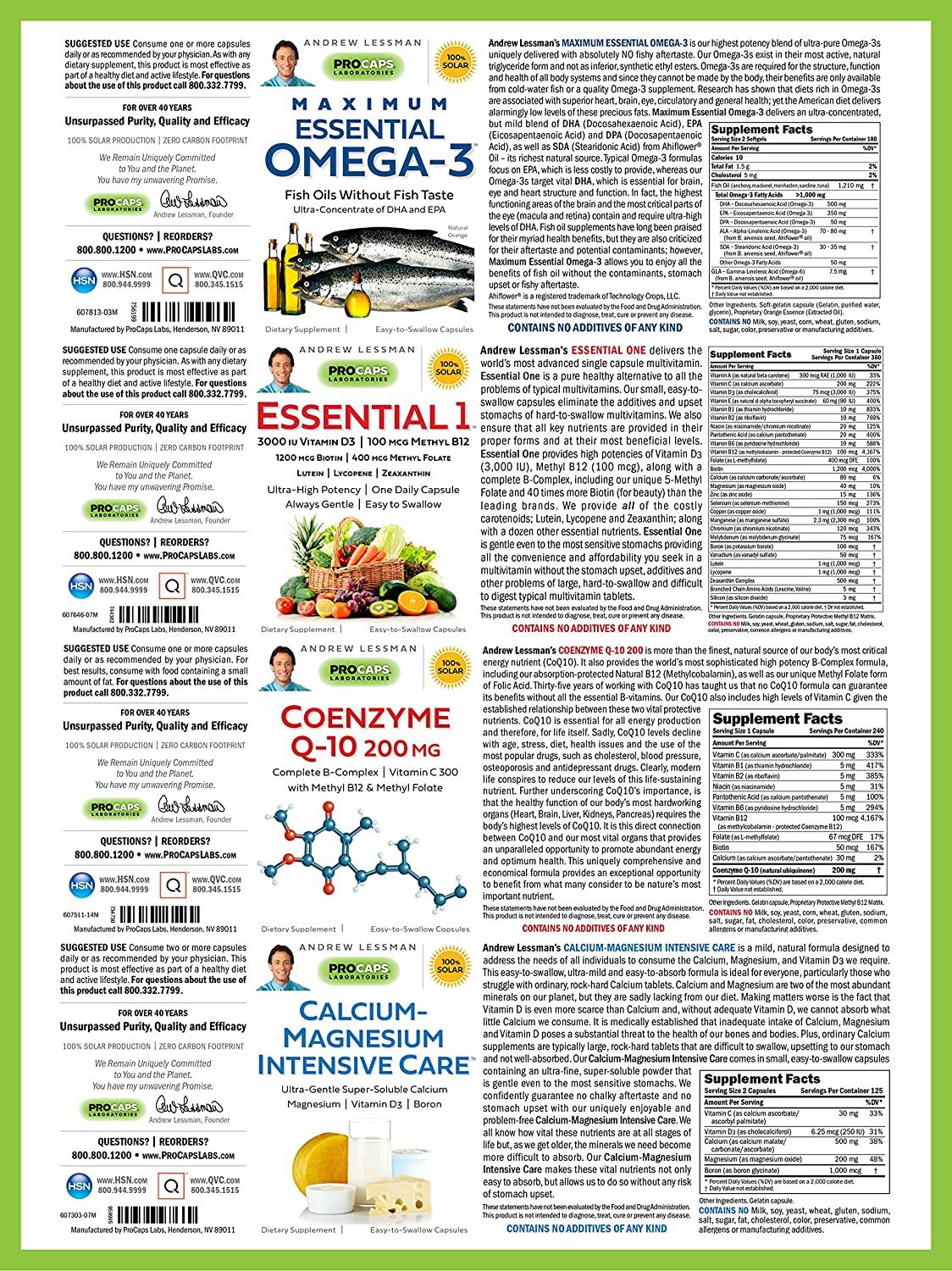 Andrew Lessman 4 Product Nutrition Support Bundle – 180 Count Each of Essential One, Maximum Essential Omega-3 (Orange), Coenzyme Q-10 and Ultimate Anti-Oxidant Extracts. Supports Optimum Health.