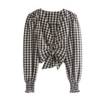 women vintage v neck plaid print shirts