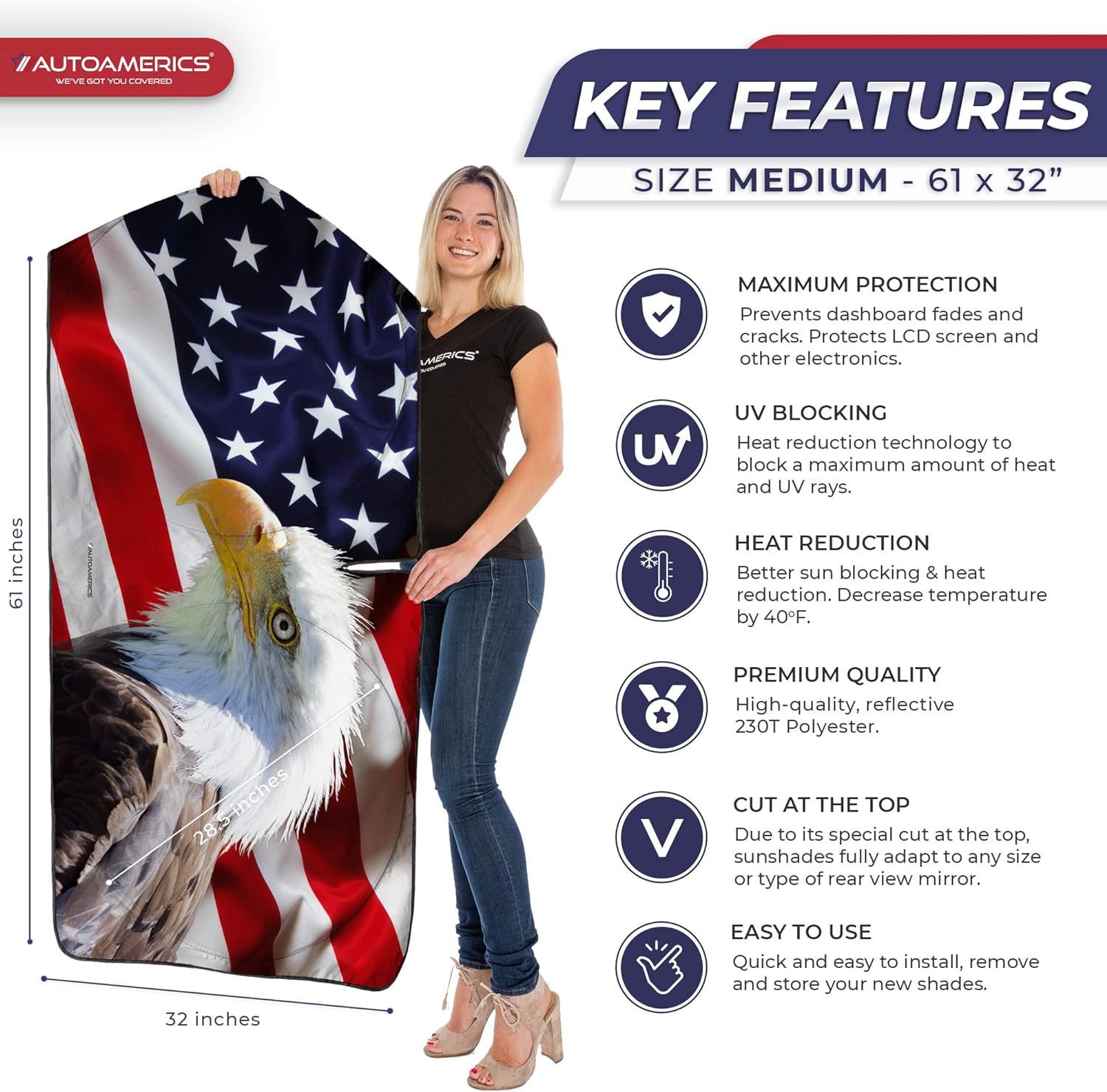 Autoamerics 1-Piece Windshield Sun Shade American Eagle Flag - 2 USA Patriotic  - Foldable Car Front Window Sunshade for Sedans SUV Truck - Blocks Max UV Rays and Keeps Your Vehicle Cool Medium