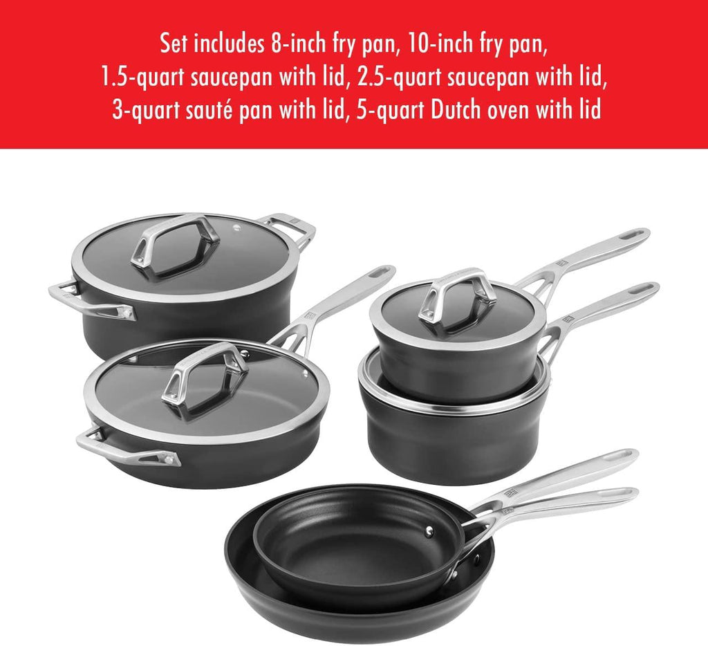 ZWILLING Motion Nonstick Hard-Anodized 10-Piece Cookware Set in Grey, Dutch Oven, Fry pan, Saucepan