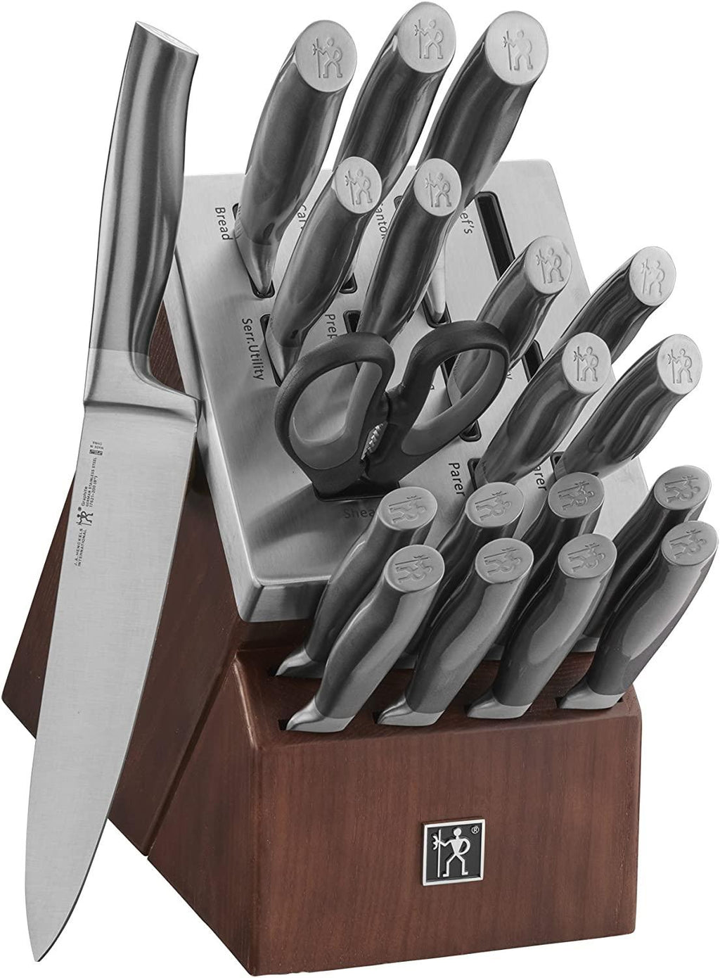 HENCKELS Graphite 20-pc Self-Sharpening Knife Set with Block, Chef Knife, Paring Knife, Utility Knife, Bread Knife, Steak Knife, Brown, Stainless Steel