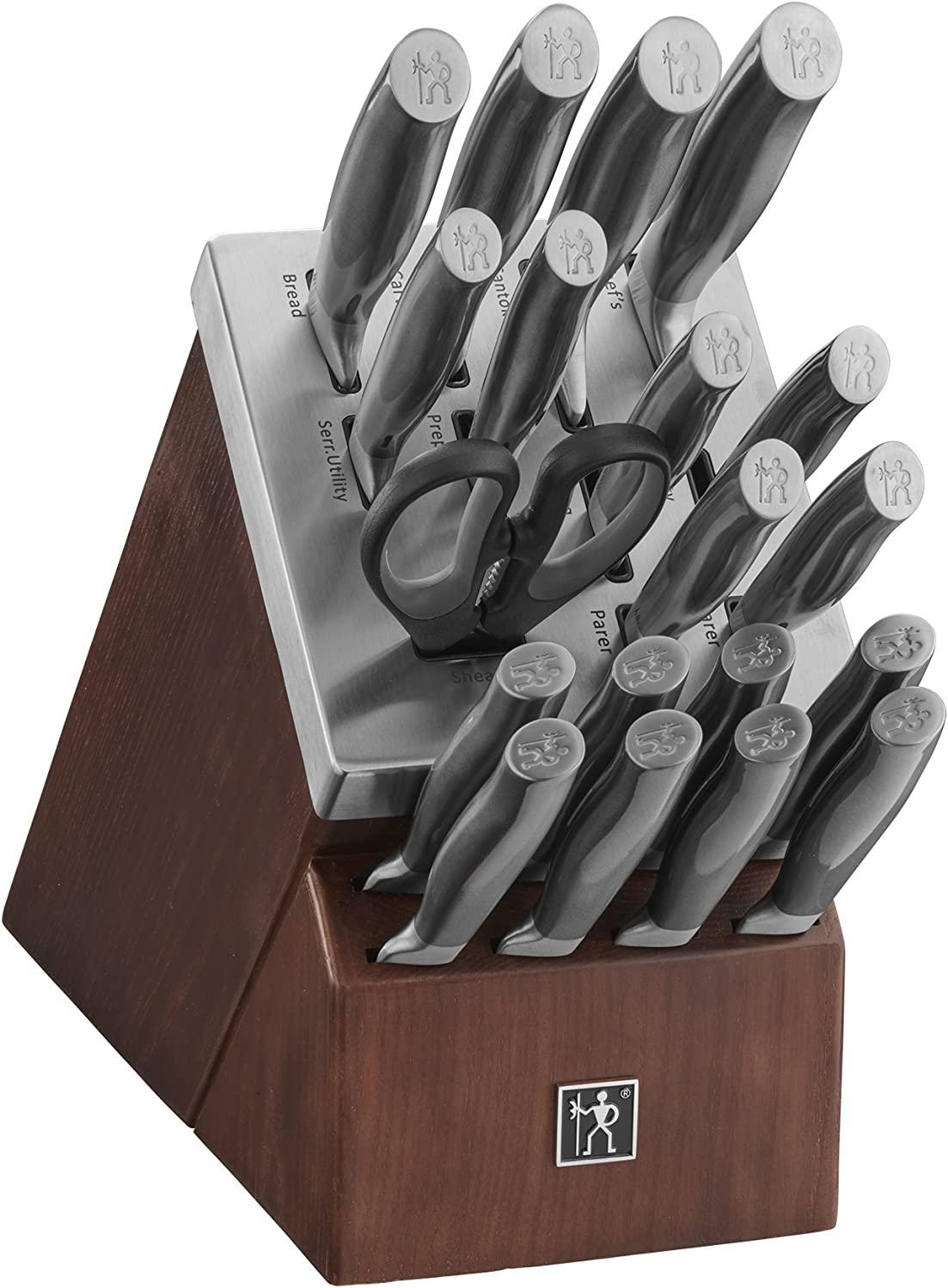 HENCKELS Graphite 20-pc Self-Sharpening Knife Set with Block, Chef Knife, Paring Knife, Utility Knife, Bread Knife, Steak Knife, Brown, Stainless Steel