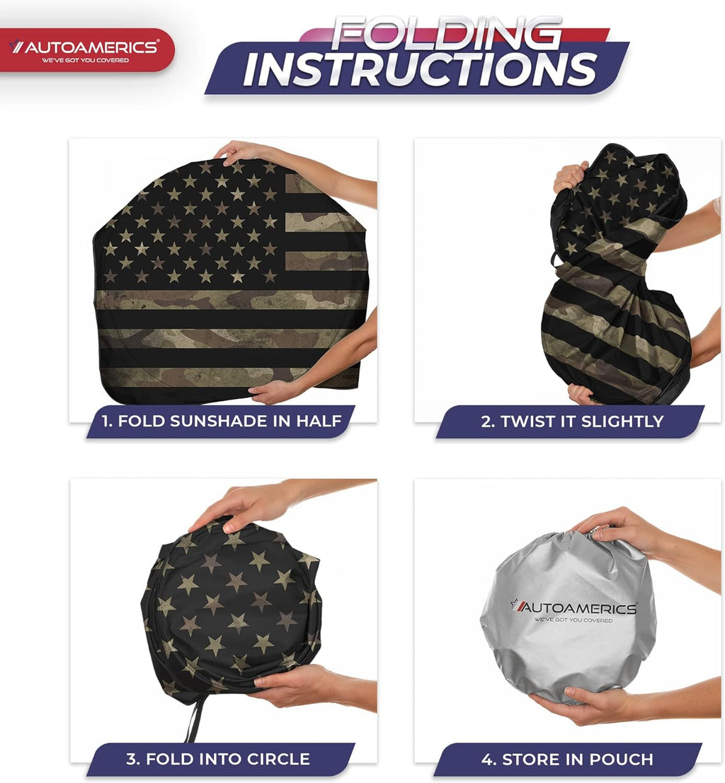 Autoamerics 1-Piece Windshield Sun Shade Dark Camo American Flag USA  - Foldable Car Front Window Sunshade for Most Sedans SUV Truck - Blocks Max UV Rays and Keeps Your Vehicle Cool - Small