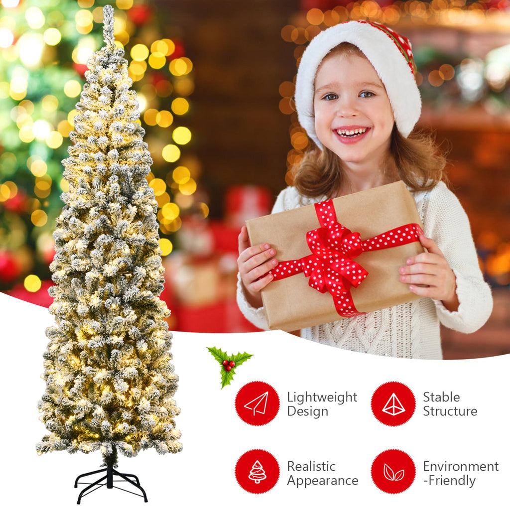 Gymax 7.5ft Pre-lit Pencil Snow Flocked Pencil Christmas Tree Holiday Decoration