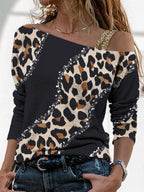 Leapard Print One Shoulder Long Sleeve Top