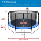 14 FT Trampoline with Basketball Hoop, Safety Enclosure Net, 800LBS Capacity 5-6 Kids, Waterproof Mat and Ladder, Outdoor Backyard Trampolines, Basketball Trampoline for Kids/Adults
