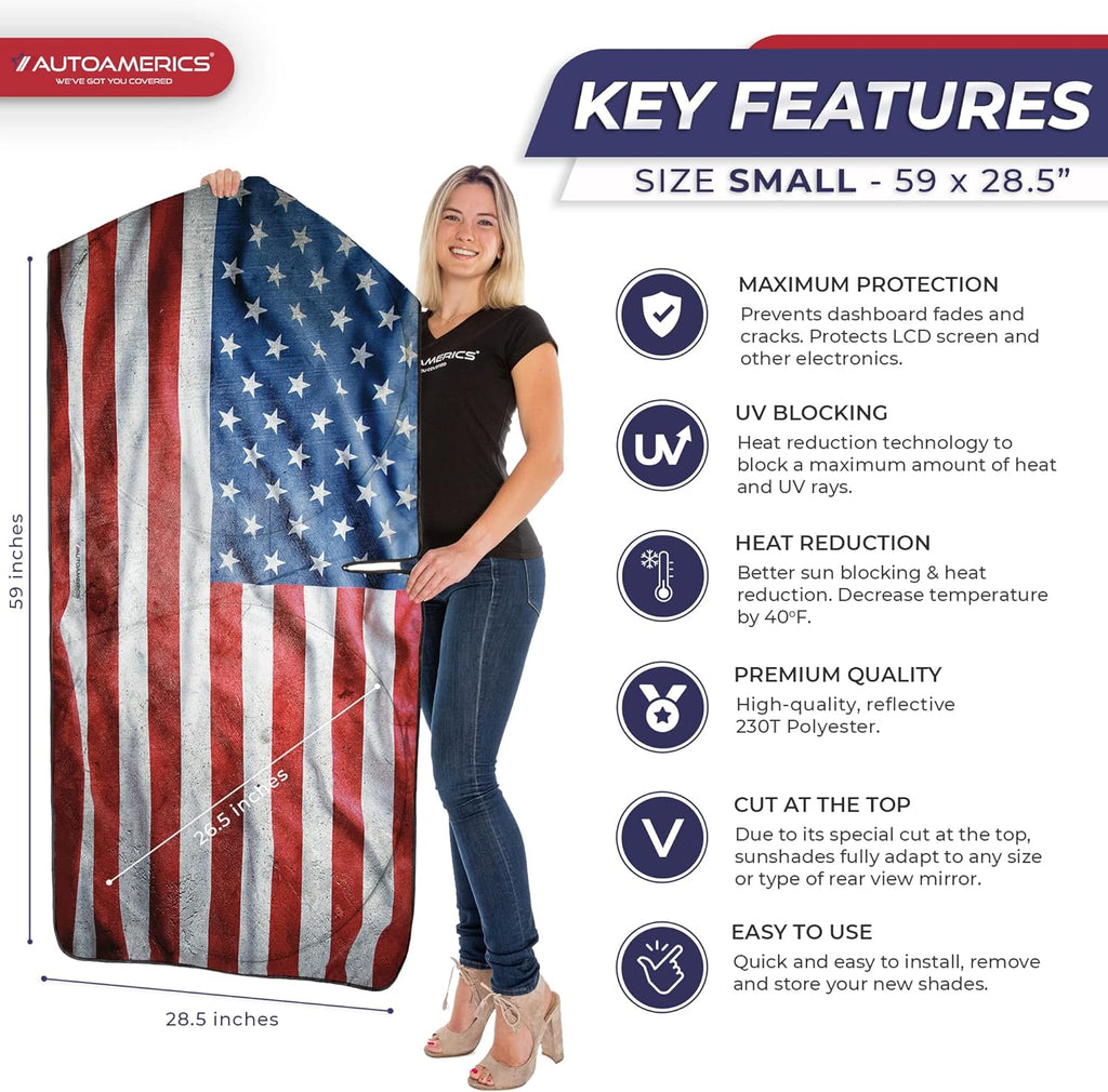 Autoamerics 1-Piece Windshield Sun Shade Grunge American Flag - 3 USA  - Foldable Car Front Window Sunshade for Most Sedans SUV Truck - Blocks Max UV Rays and Keeps Your Vehicle Cool - Small