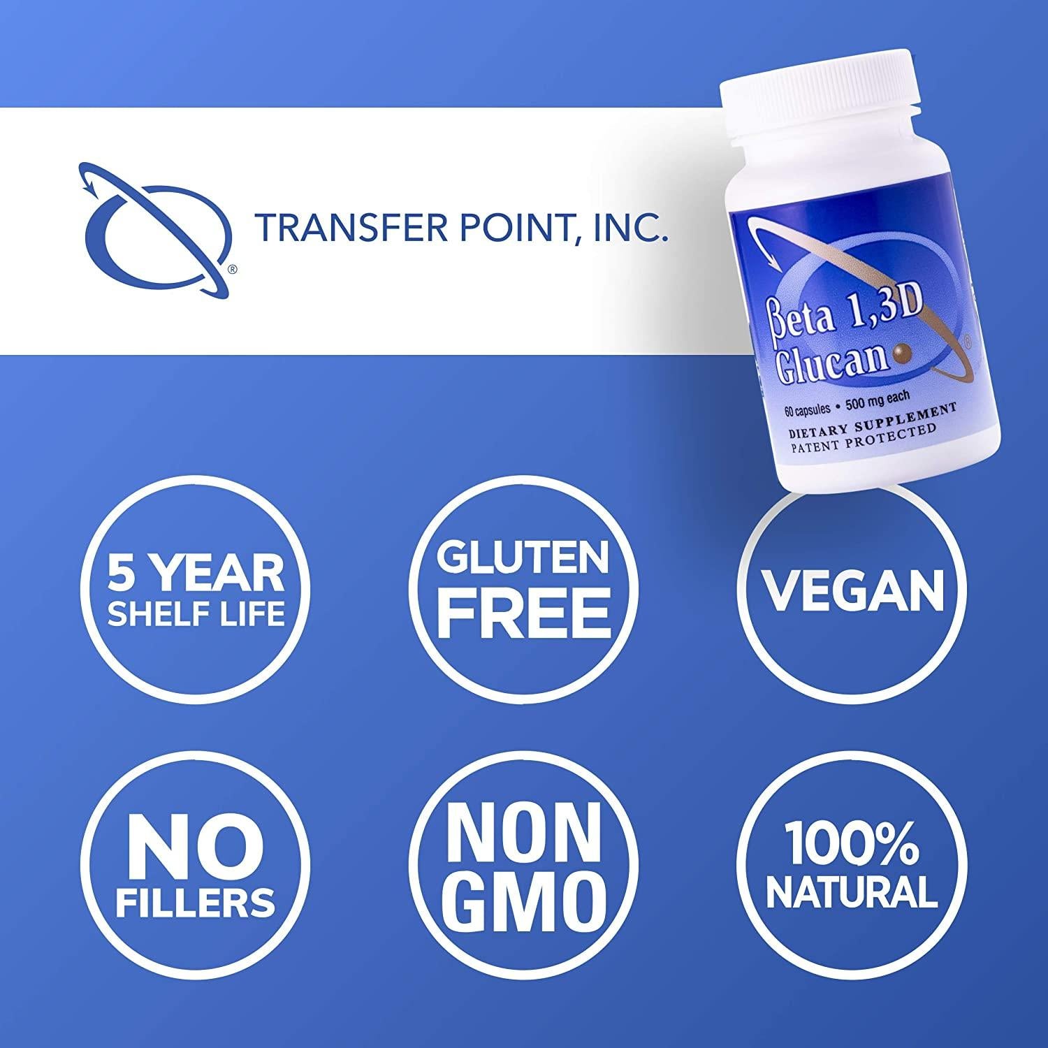 Transfer Point Beta 1,3D Glucan 500mg - 85% Minimum Glucan Content; for Healthy Immune System (60 Caps - 3 Pack)