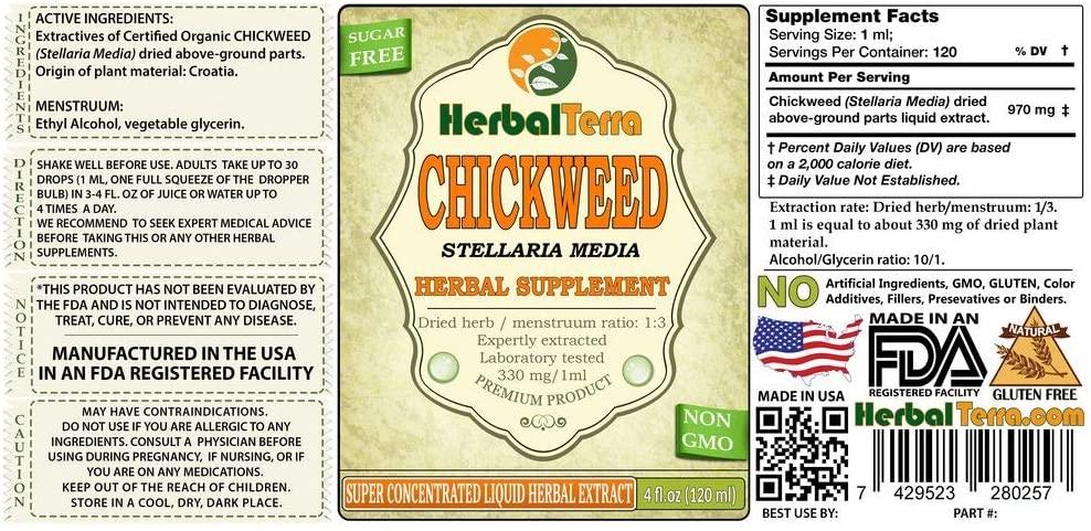 Chickweed (Stellaria Media) Tincture, Organic Dried Above-Ground Parts Liquid Extract (Brand Name: HerbalTerra, Proudly Made in USA) 20x4 fl.oz (20x120 ml)