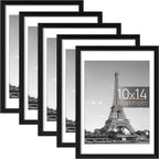 upsimples 10x14 Picture Frame Set of 5, Display Pictures 8.5x11 with Mat or 10x14 Without Mat, Wall Gallery Poster Frames, Black