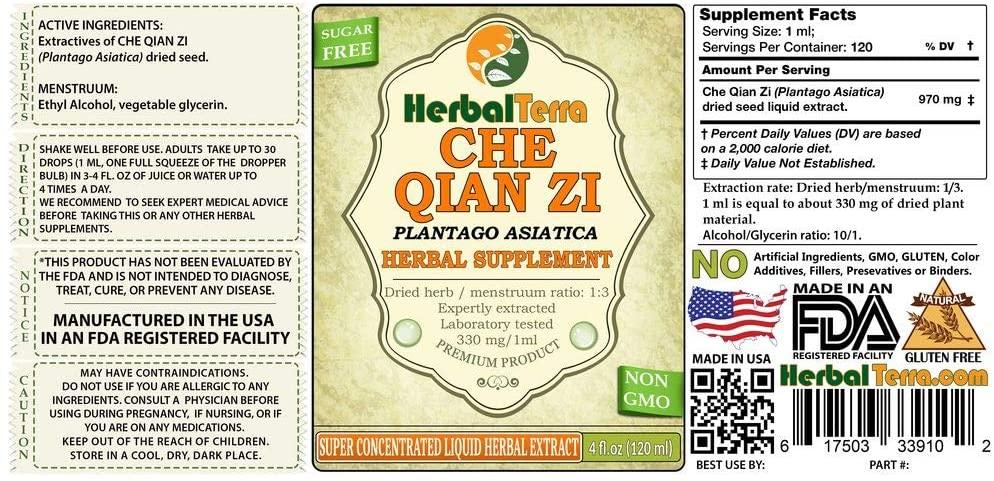 Che Qian Zi (Plantago asiatica) Tincture, Dried Seeds Liquid Extract (Brand Name: HerbalTerra, Proudly Made in USA) 30x2 fl.oz (30x60 ml)